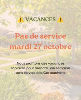 Pas de menu cette semaine, pour cause nous profitons des vacances scolaires pour prendre une semaine de congés. Il n’y aura donc pas de service ce mardi 27 Octobre à la Cartoucherie ! @cartouchverte
#cartoucherie #valence #bourglesvalence #vacances #congés
