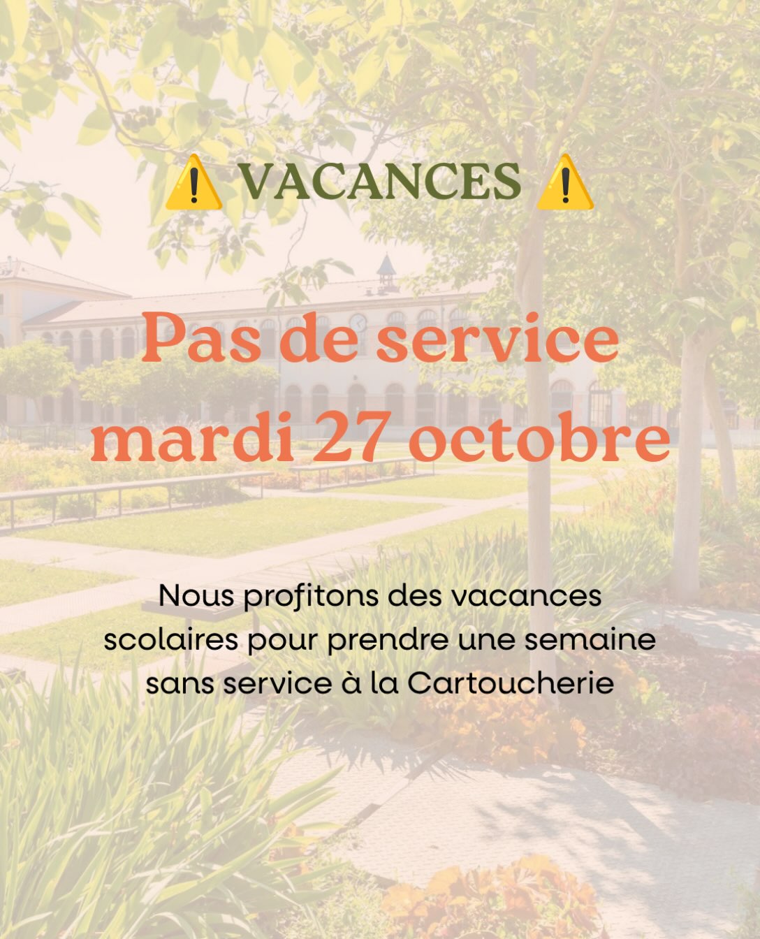Pas de menu cette semaine, pour cause nous profitons des vacances scolaires pour prendre une semaine de congés. Il n’y aura donc pas de service ce mardi 27 Octobre à la Cartoucherie ! @cartouchverte
#cartoucherie #valence #bourglesvalence #vacances #congés